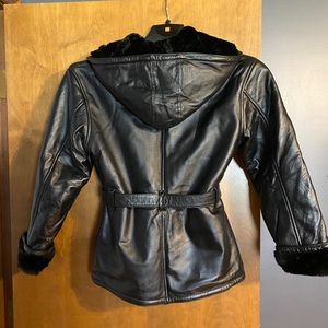 Black leather winter coat.